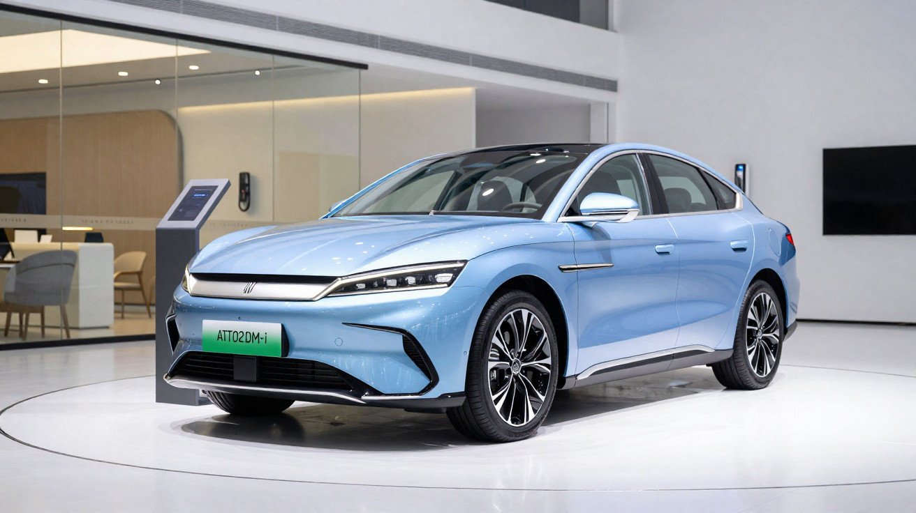 Carro elétrico sedã azul claro em exposição moderna com design aerodinâmico e rodas estilizadas.