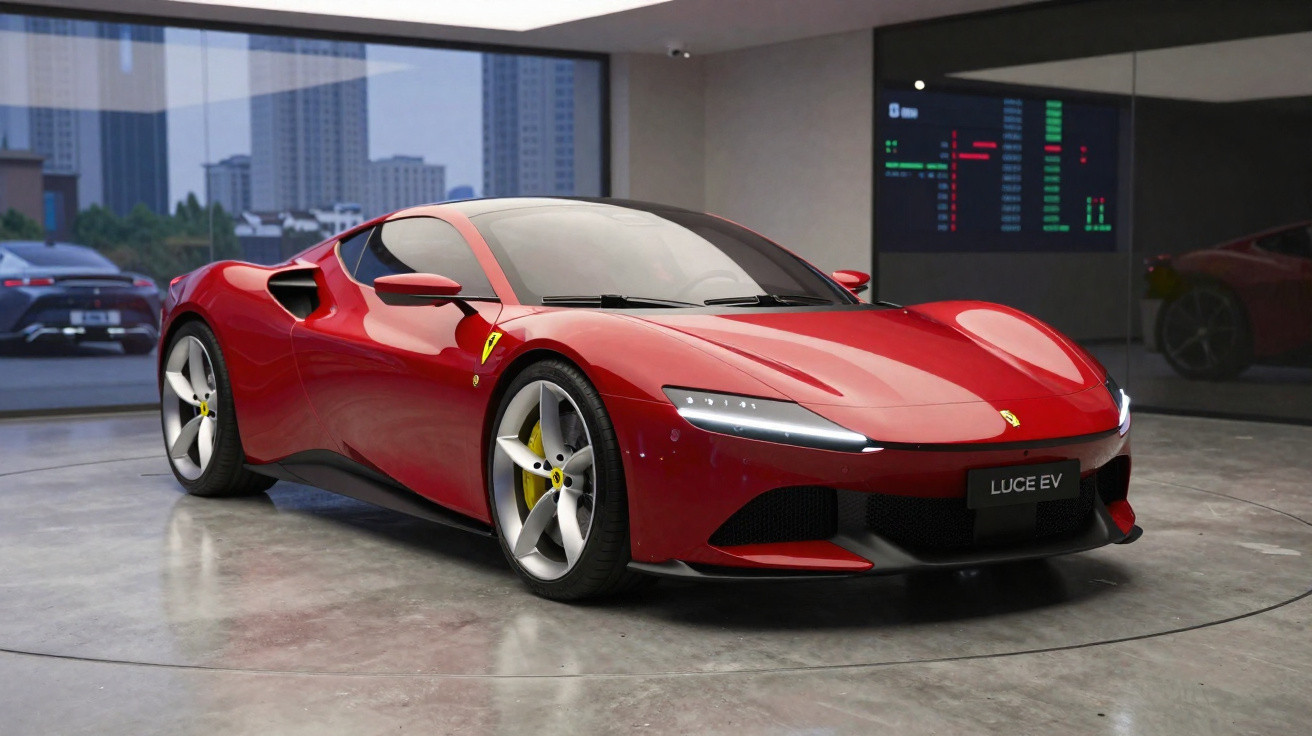 Carro esportivo Ferrari vermelho modelo Luce EV em exposição dentro de showroom moderno.