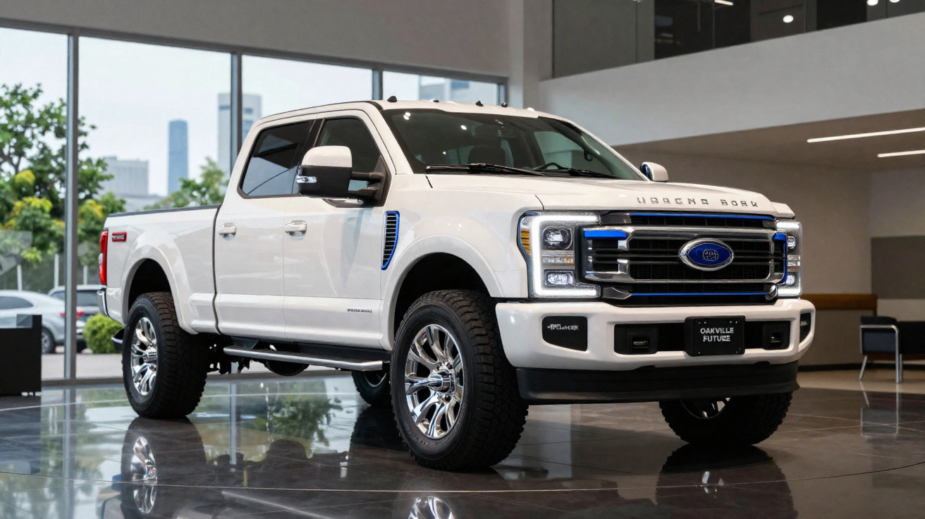 Picape branca Ford Maverick Storm 2023 em showroom com piso refletivo e grande janela ao fundo.