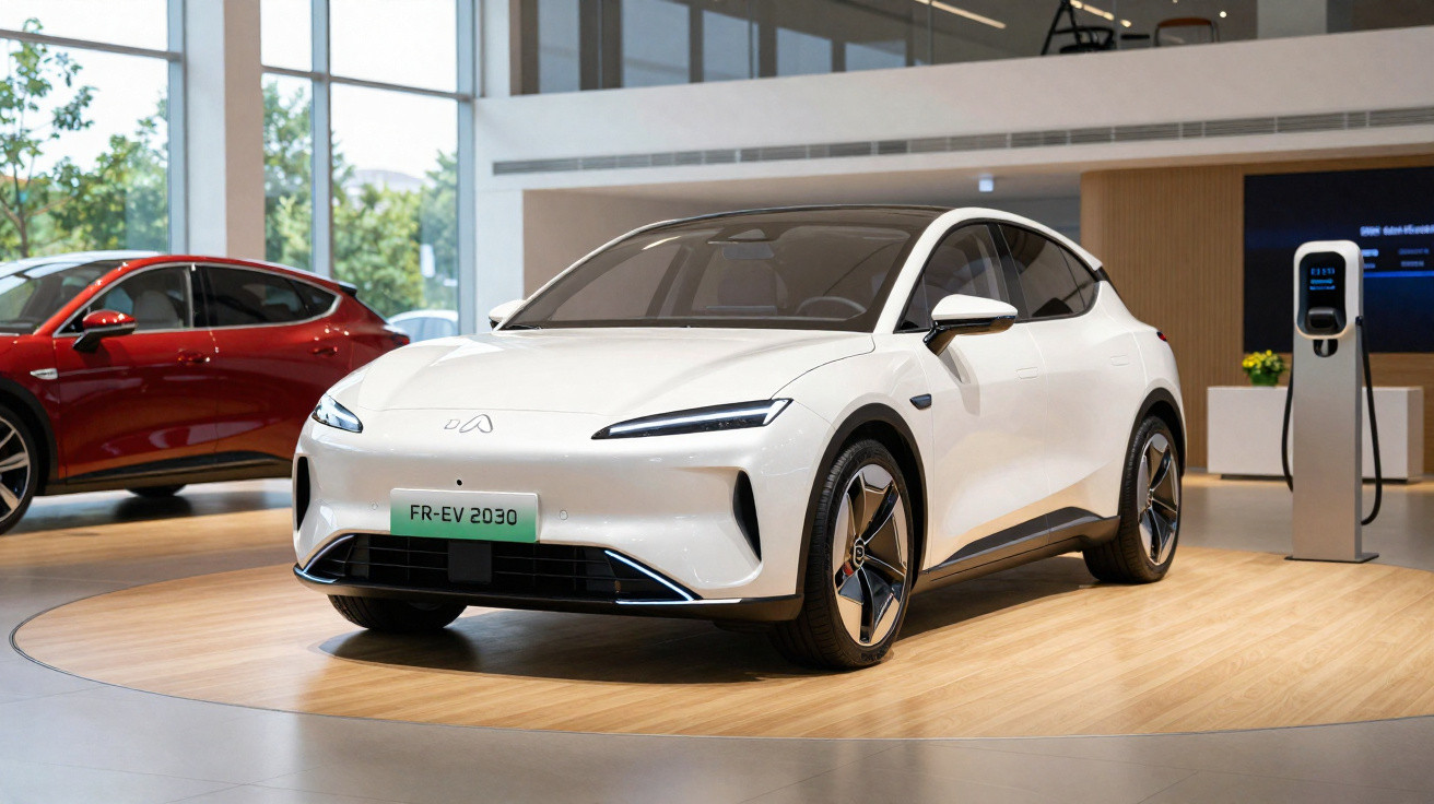 Carro elétrico branco estacionado em showroom, com estação de recarga ao lado e outro carro vermelho ao fundo.