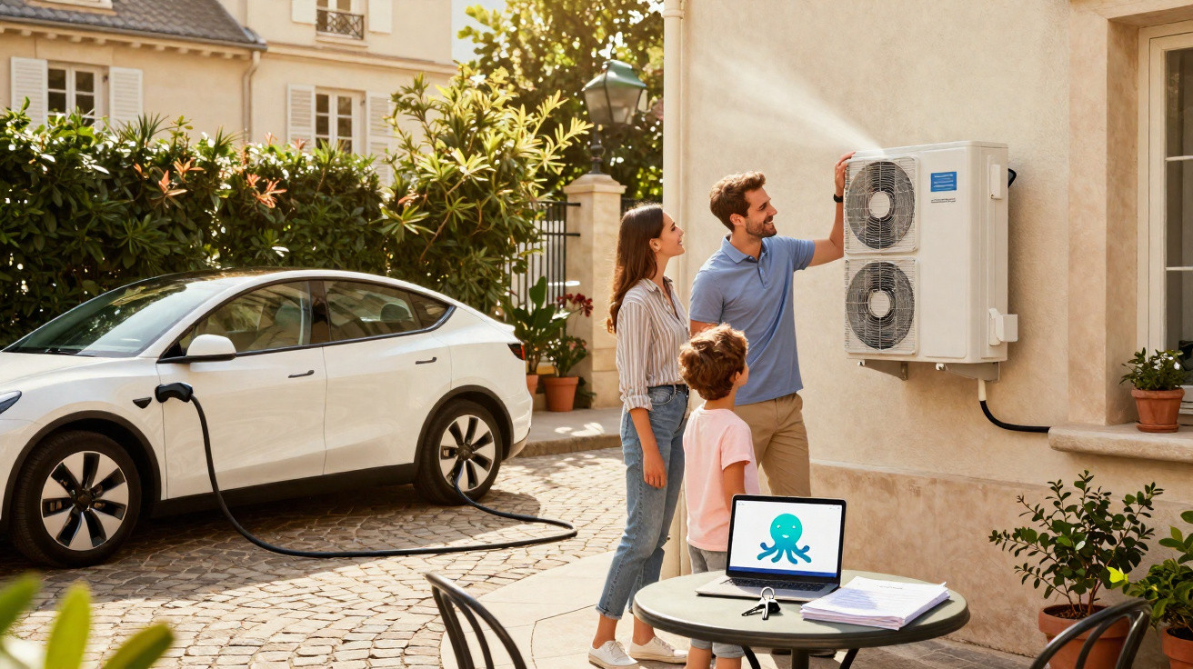 Família observa instalação de unidade externa de ar condicionado perto de carro elétrico carregando.