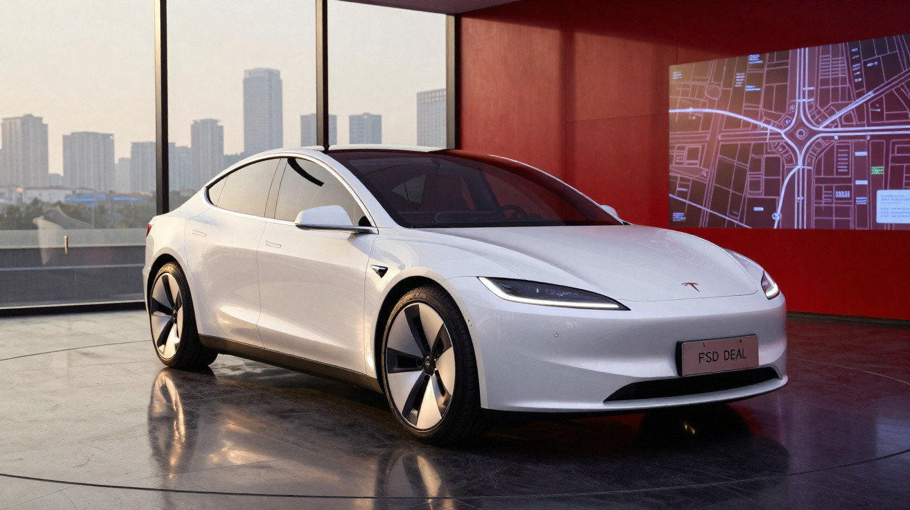 Carro elétrico Tesla branco em exposição interna com janela grande e vista para cidade ao fundo.