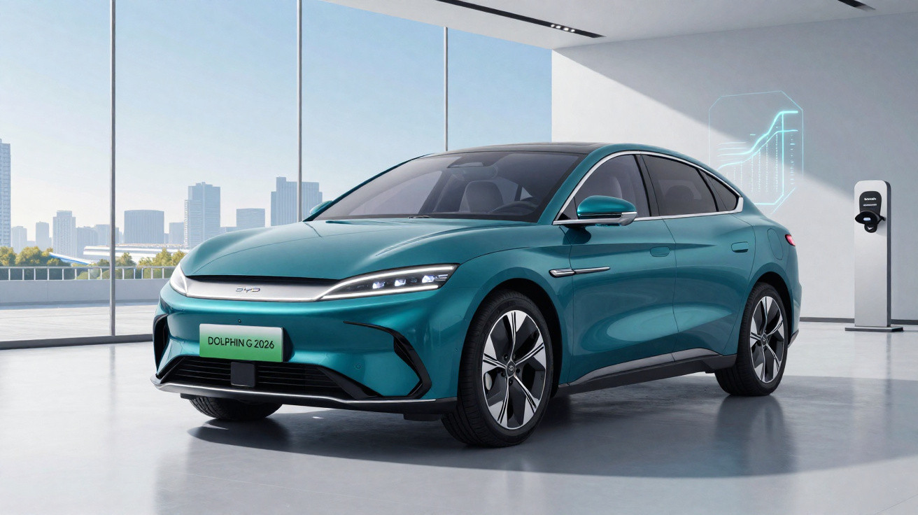 Carro elétrico azul modelo 2026 Dolphin G estacionado em ambiente interno com estação de recarga ao fundo.