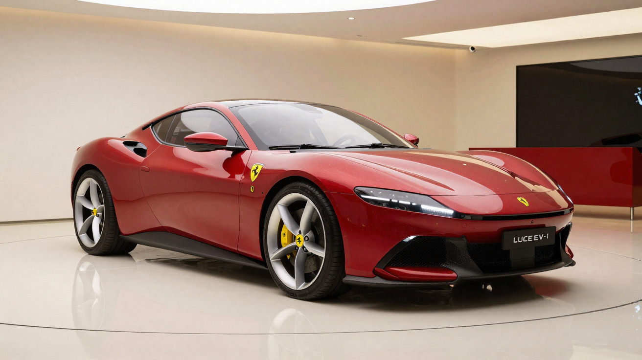 Carro esportivo Ferrari vermelho estacionado em ambiente interno moderno com piso brilhante.