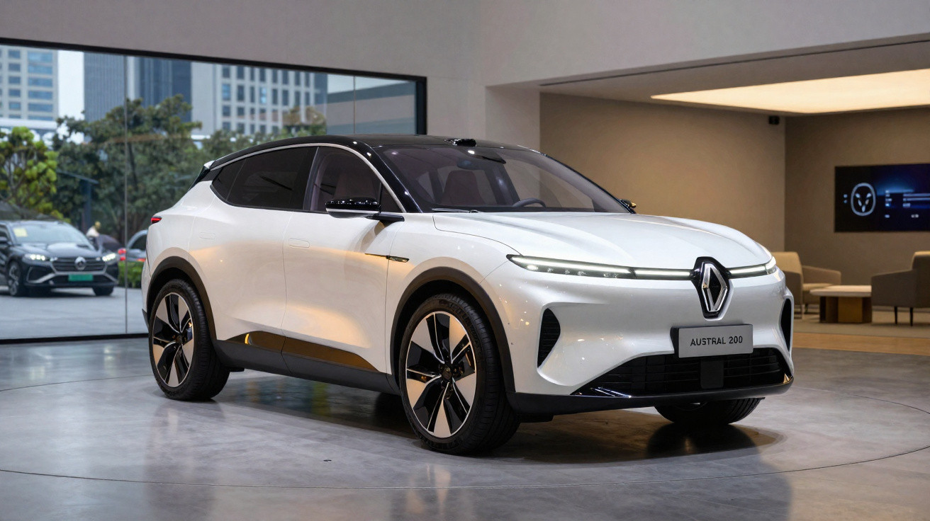 SUV elétrico Renault Austral 200 branco em salão moderno com teto preto e rodas pretas e prata.