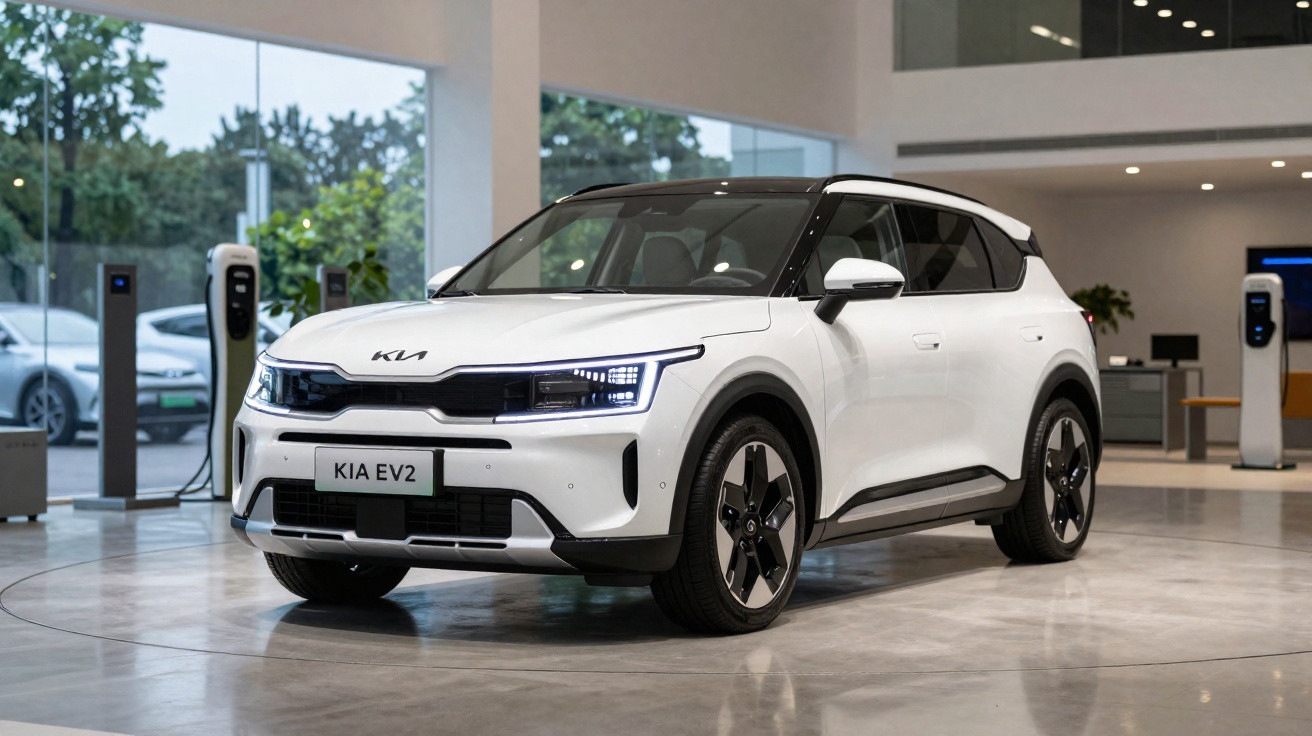 Carro elétrico Kia EV2 branco exposto em showroom moderno com piso de mármore e estações de carregamento ao fundo.