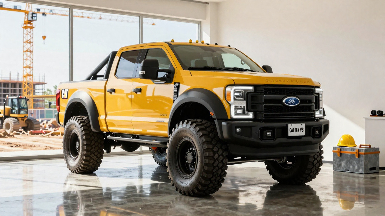 Picape amarela Ford Super Duty com pneus off-road em ambiente interno perto de caixa e capacete de construção.