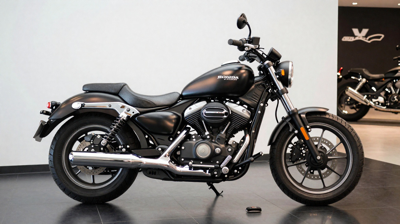 Motocicleta preta Honda Rebel 500 estacionada em ambiente interno com piso escuro.