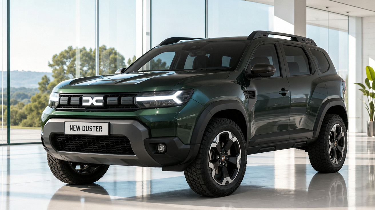 SUV verde New Duster estacionado em ambiente interno com janelas grandes ao fundo.