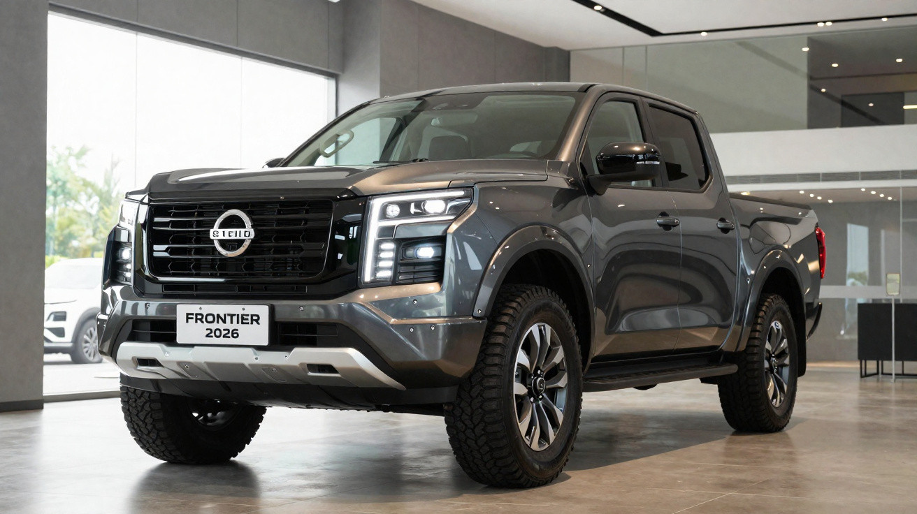 Picape Nissan Frontier 2026 cinza escuro exibida em showroom moderno e iluminado.