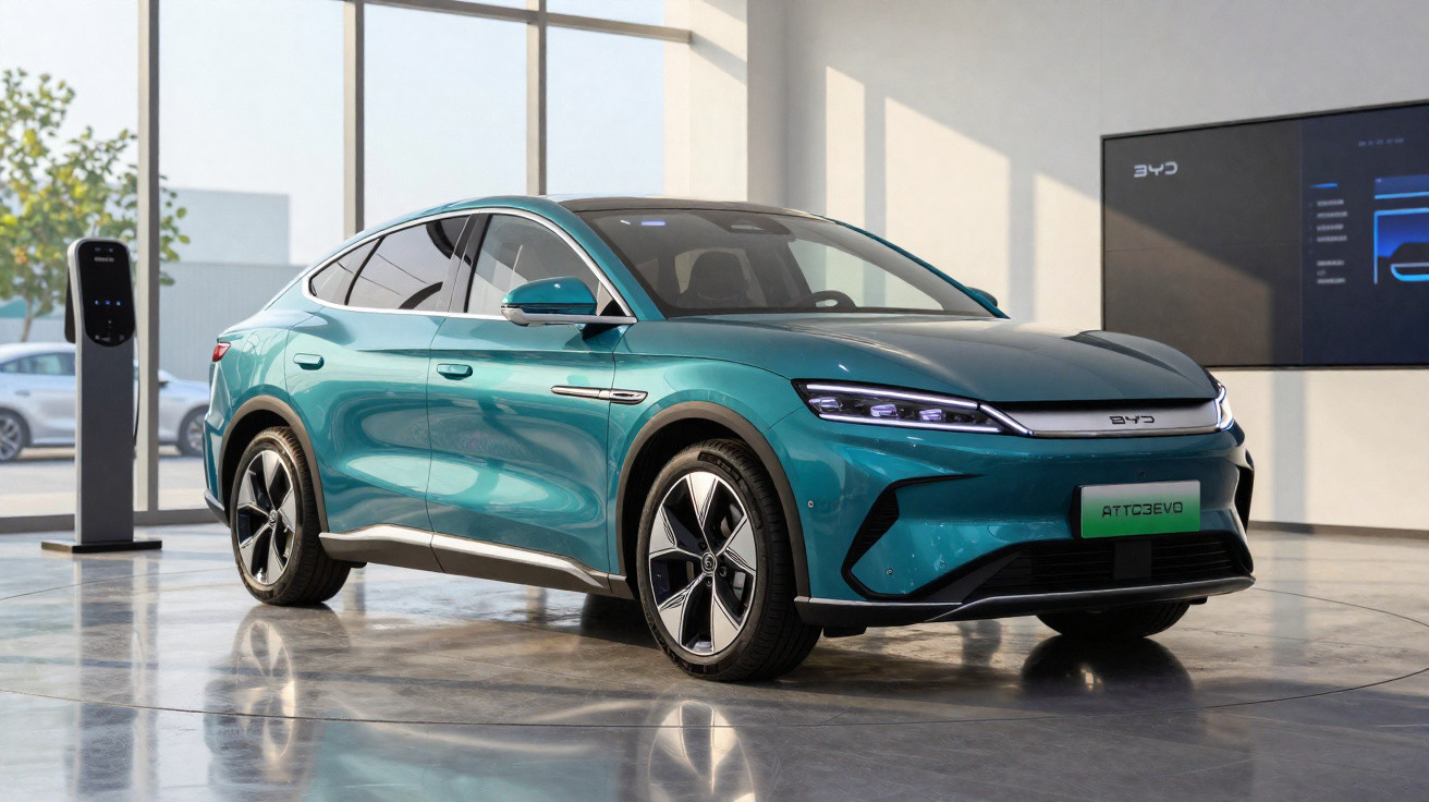 Carro elétrico BYD Atto 3 Evo verde exibido em ambiente interno moderno com estação de recarga ao fundo.