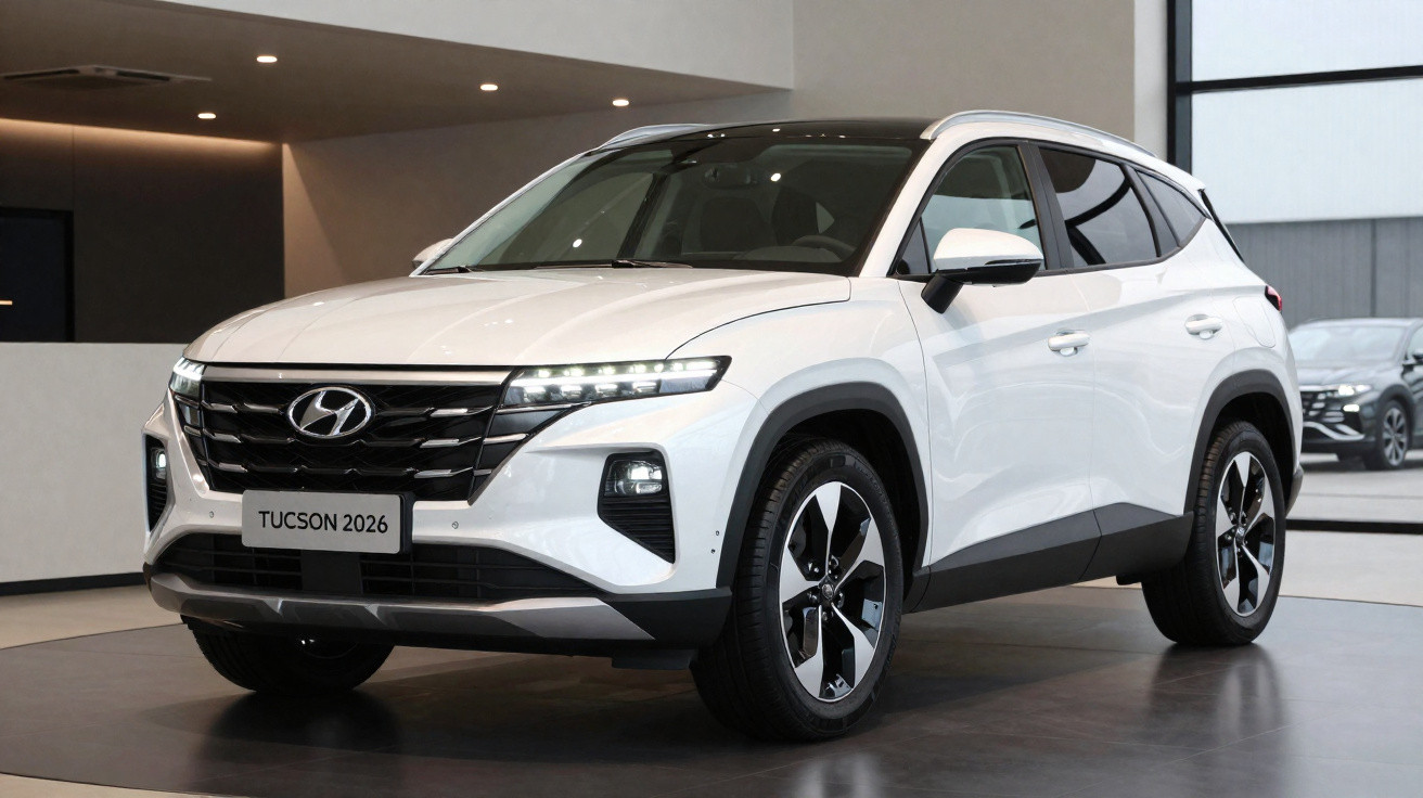SUV Hyundai Tucson 2026 branco estacionado em ambiente interno moderno.