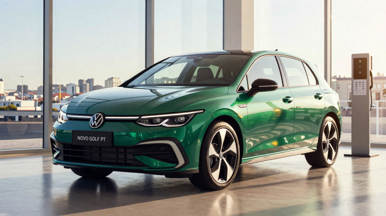 Carro Volkswagen Golf verde estacionado em ambiente interno moderno com grandes janelas.