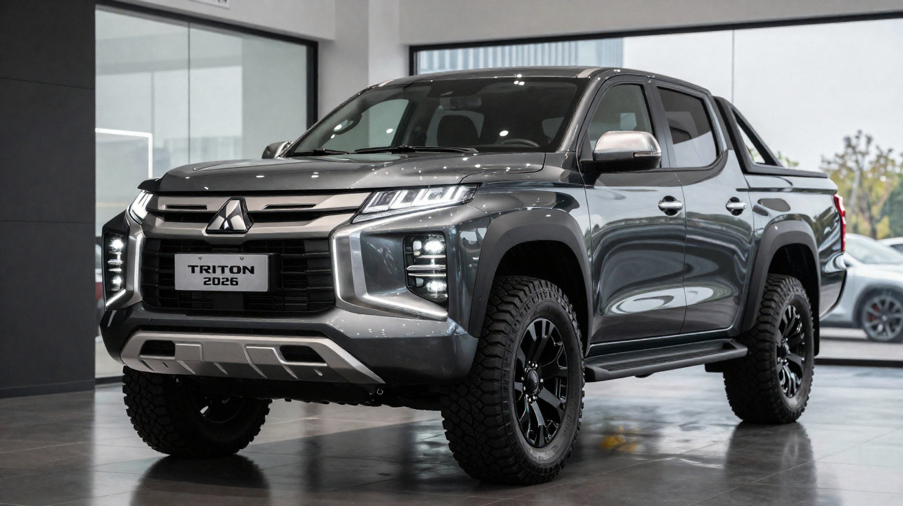Picape Mitsubishi Triton 2026 cinza exposta em showroom com iluminação natural.