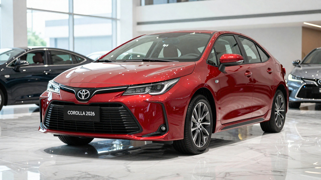 Carro Toyota Corolla 2026 vermelho exposto em showroom moderno e iluminado.