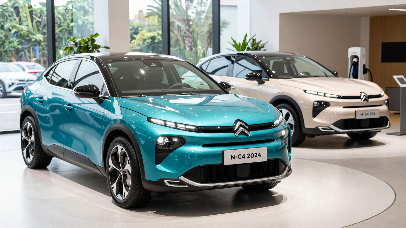 Dois carros Citroën N-C4 2024 em exposição interna, um azul turquesa à frente e outro branco ao fundo.