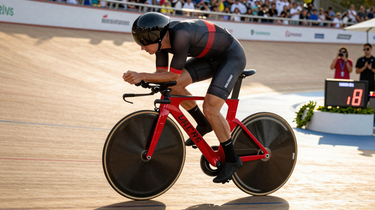 Ciclista competindo em pista coberta com bicicleta aerodinâmica vermelha e roupa preta com detalhes vermelhos.