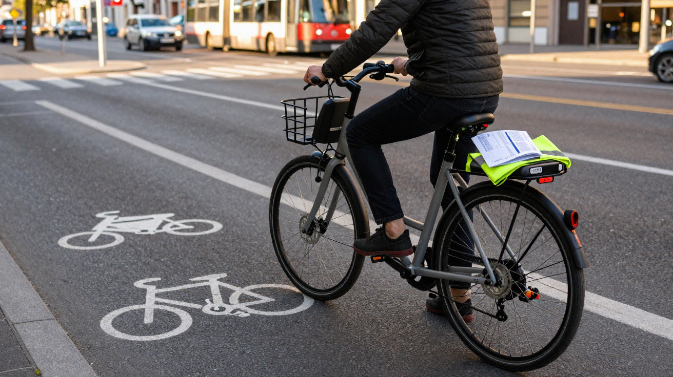 Pessoa pedalando bicicleta em ciclovia urbana próxima a ônibus e carros no trânsito.
