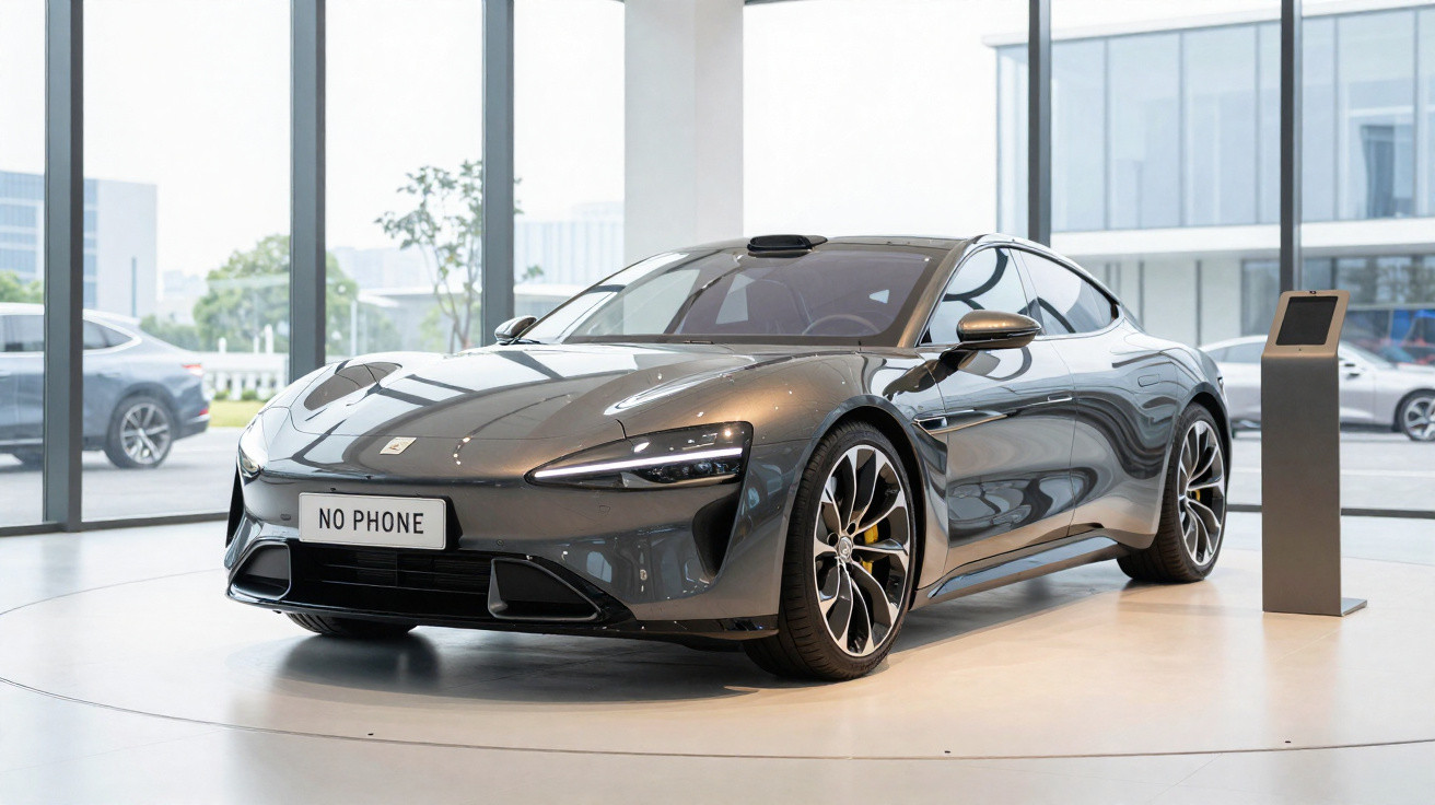 Carro elétrico esportivo cinza estacionado em exposição moderna com placa "NO PHONE".