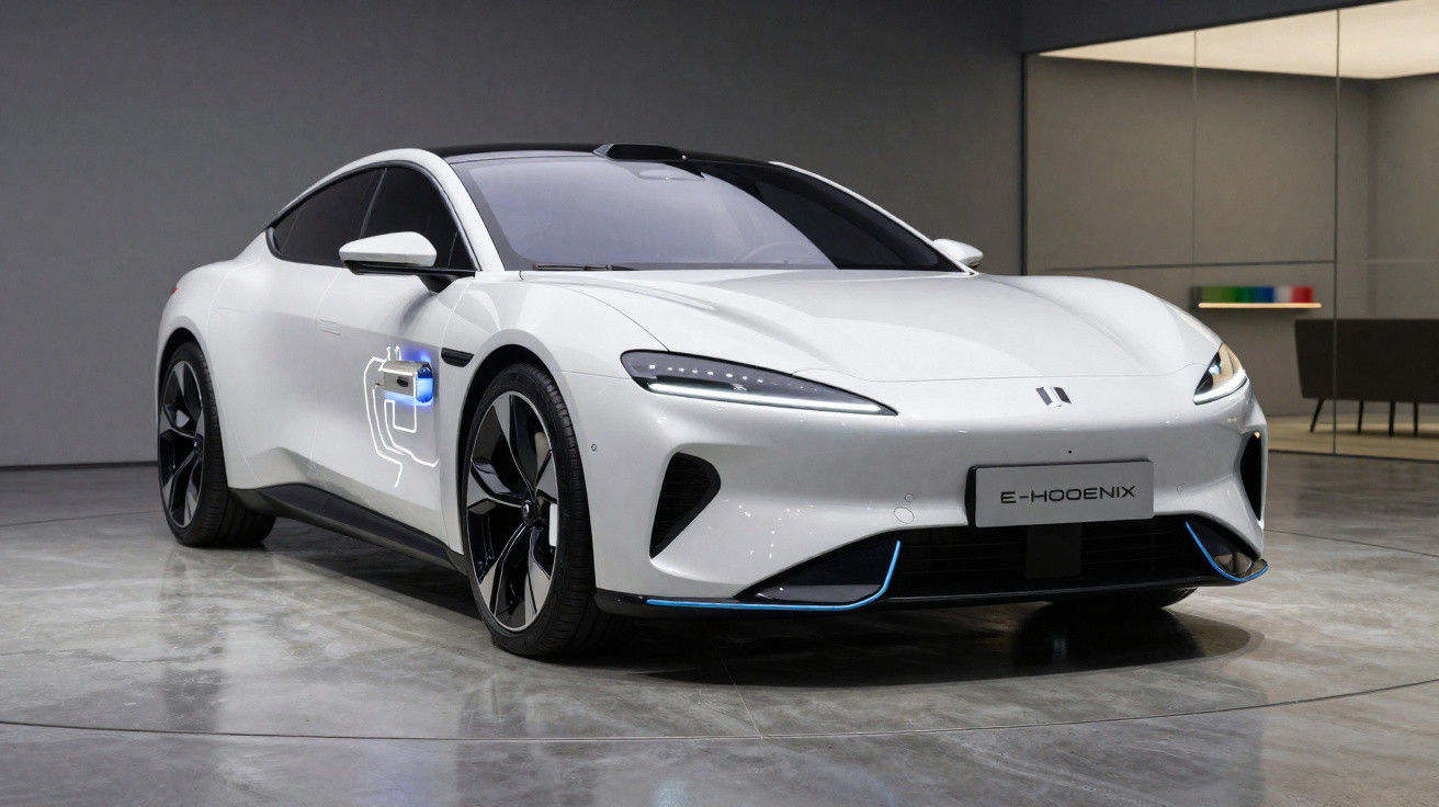 Carro elétrico branco E-HOOGENIX estacionado em ambiente interno moderno com piso refletivo.