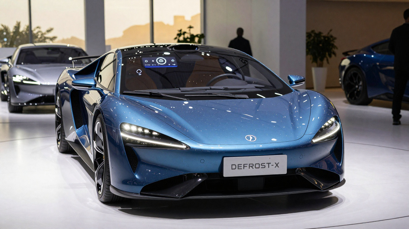 Carro esportivo azul metálico modelo Defrost-X exibido em salão de automóveis moderno.