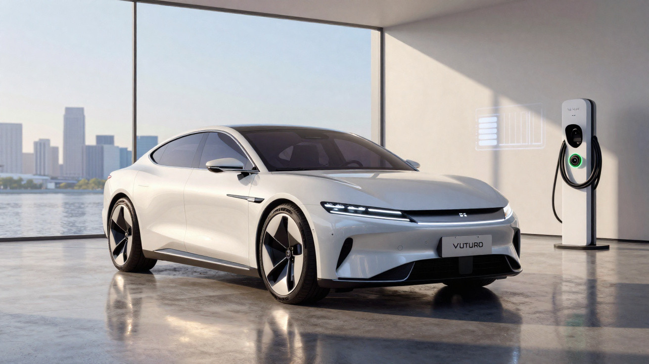 Carro elétrico branco moderno estacionado em garagem com vista para cidade e estação de recarga ao lado.