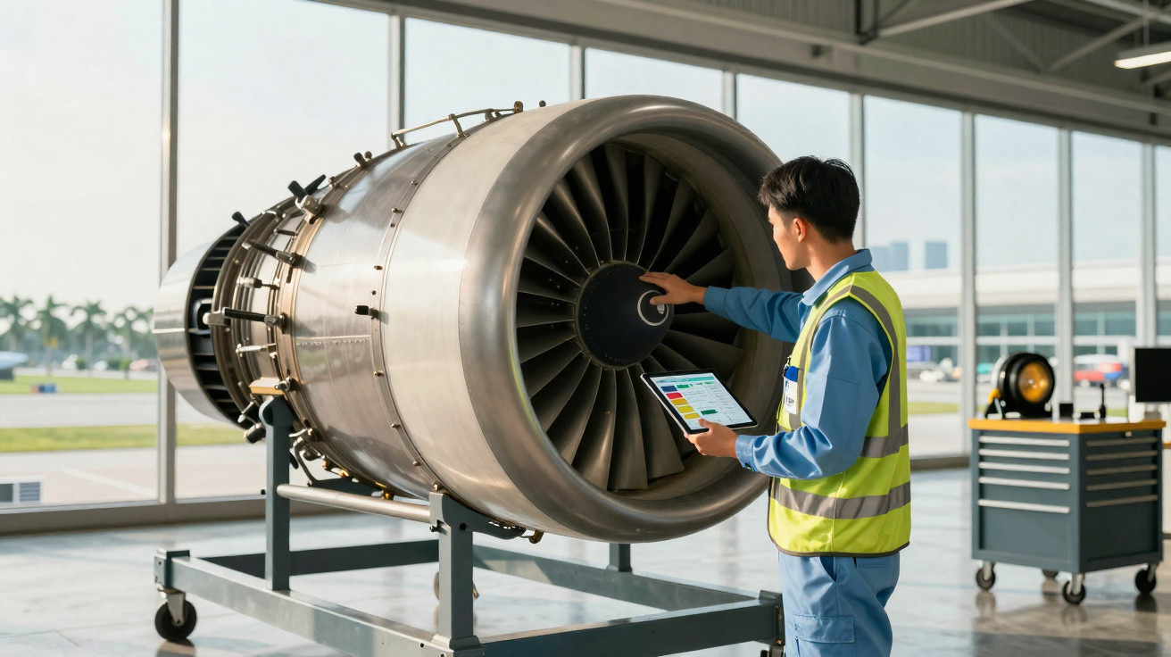 Homem com colete refletivo inspeciona motor de avião em hangar com tablet na mão.