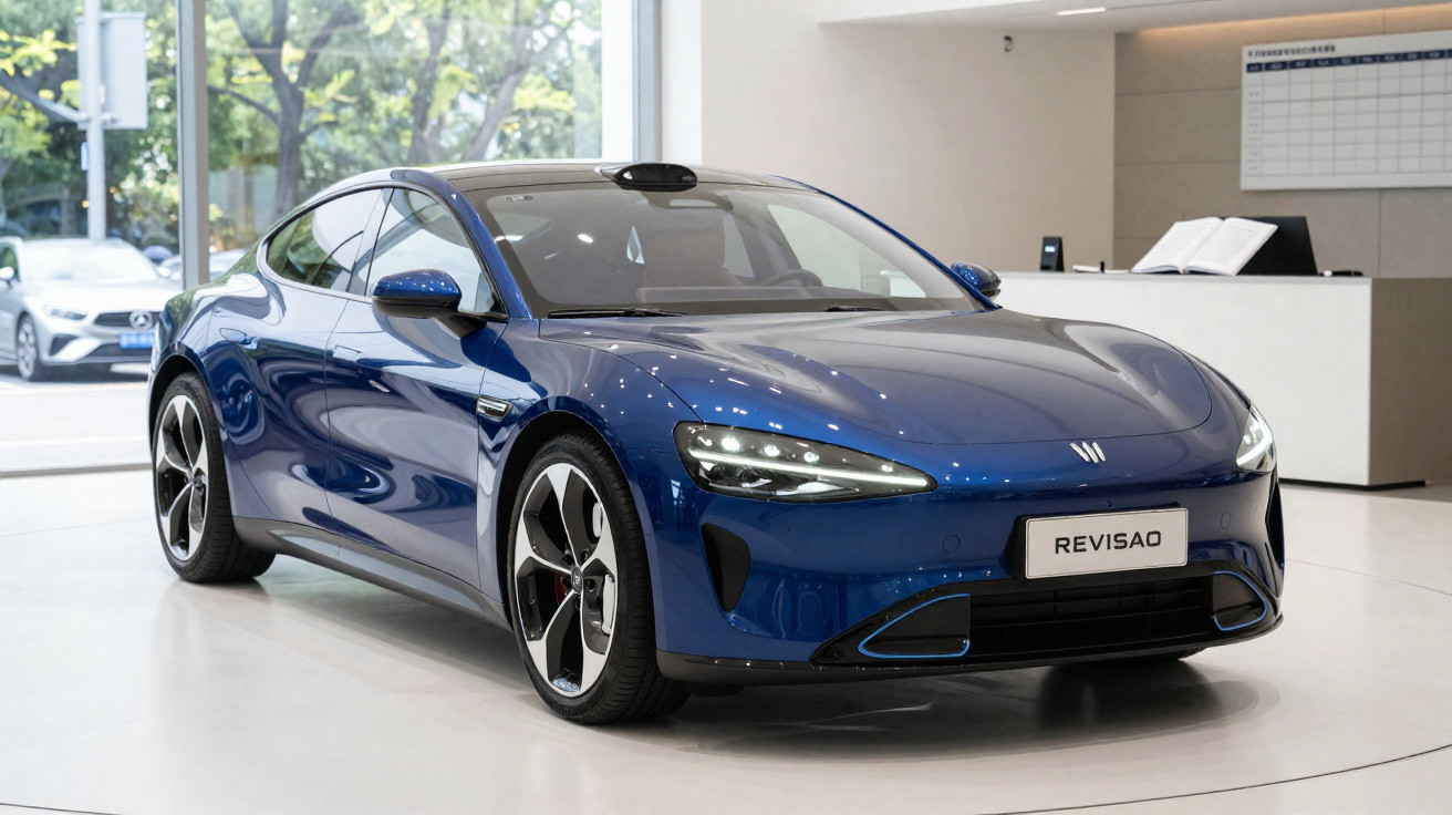 Carro elétrico azul em exposição interna com design moderno e placas com nome Revisao.
