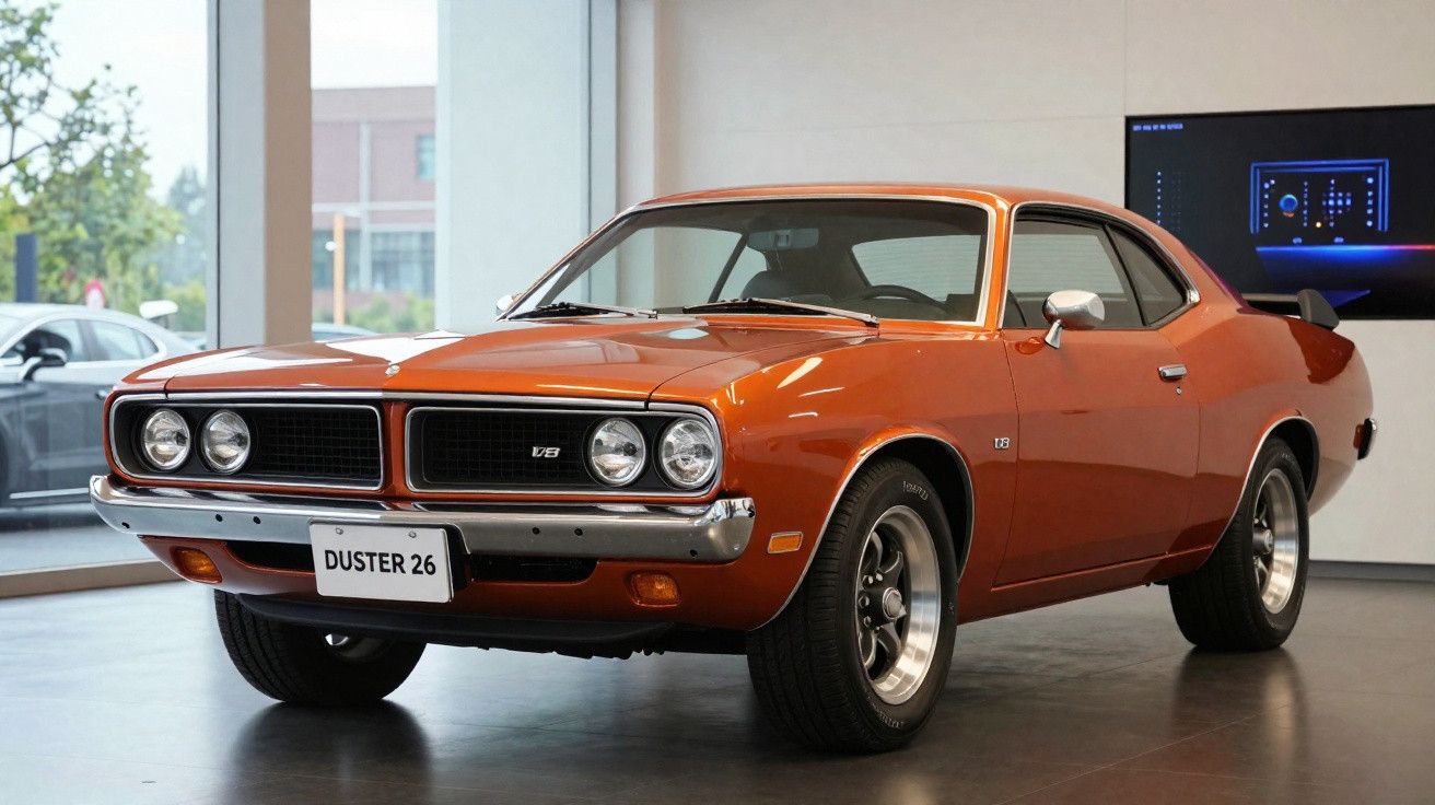 Carro esportivo clássico laranja Duster 26 V8 em exposição interna com iluminação natural.