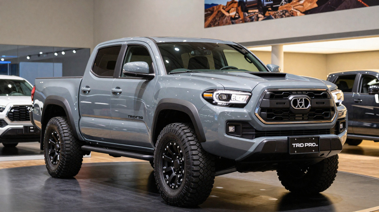 Picape cinza modelo TRD Pro em exposição dentro de showroom moderno e iluminado.