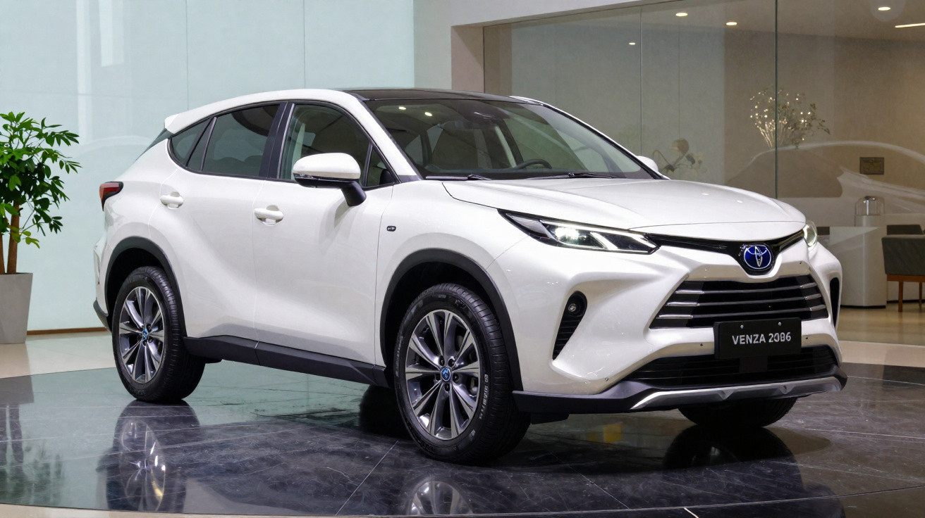 SUV Toyota Venza 2026 branco exibido em ambiente interno moderno, com iluminação natural e planta ao lado.