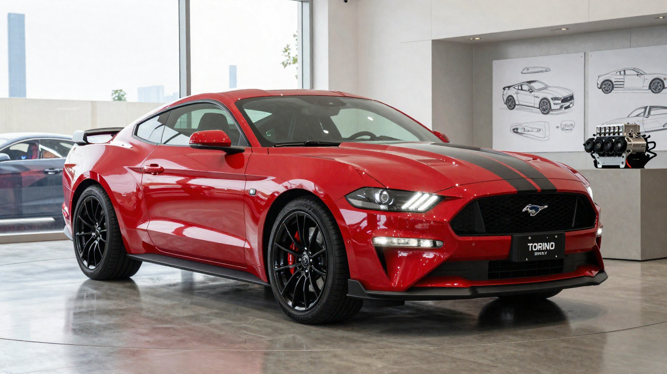 Carro esportivo Ford Mustang vermelho com faixas pretas em showroom moderno com paredes claras.