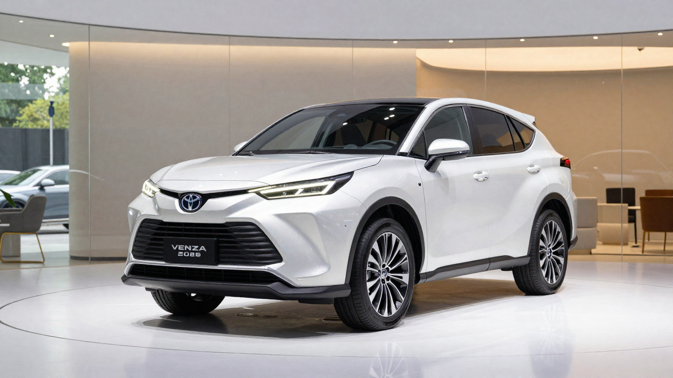 Carro SUV branco Toyota Venza 2023 em exposição dentro de ambiente moderno e iluminado.