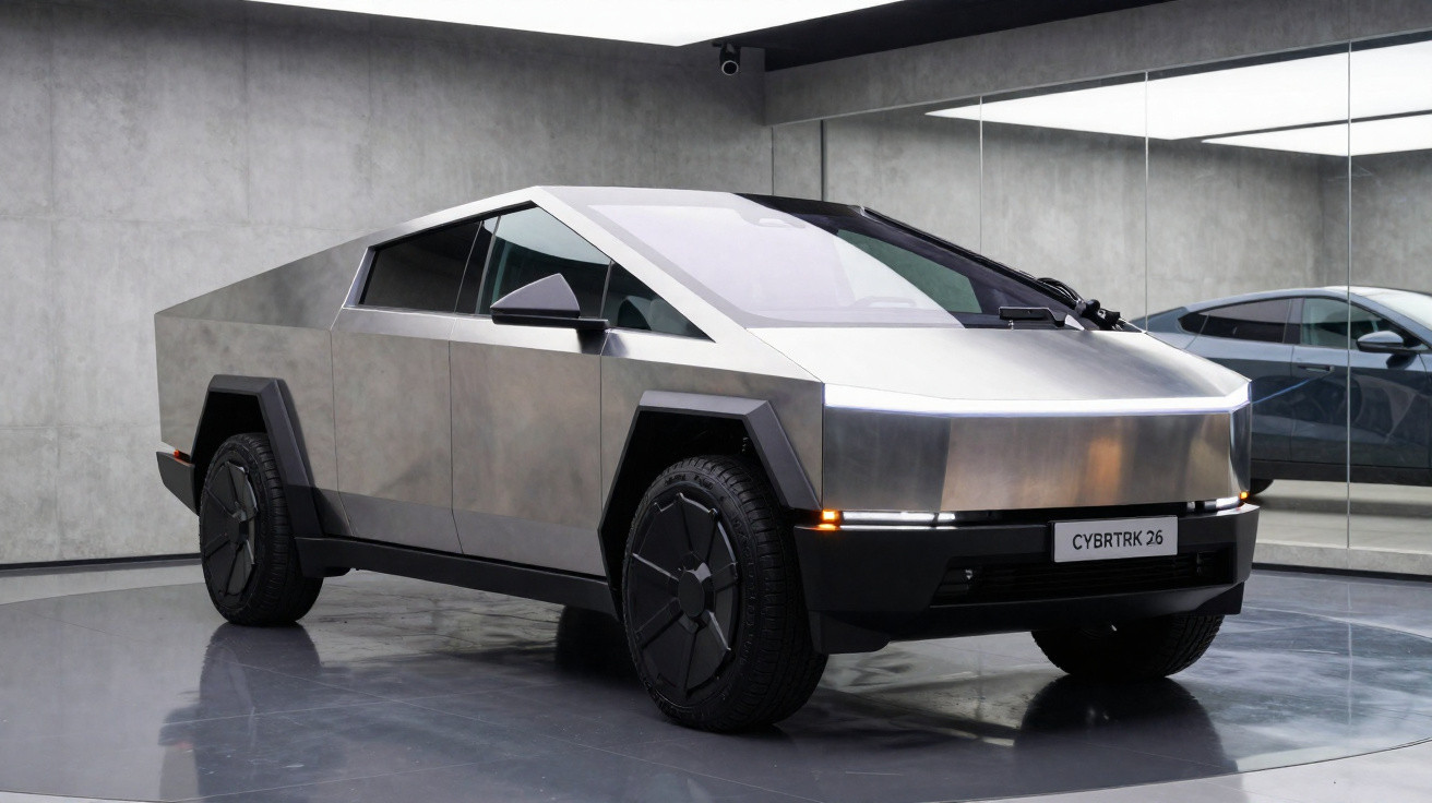 Caminhonete elétrica Tesla Cybertruck com design futurista em exposição interna, parede de vidro ao fundo.