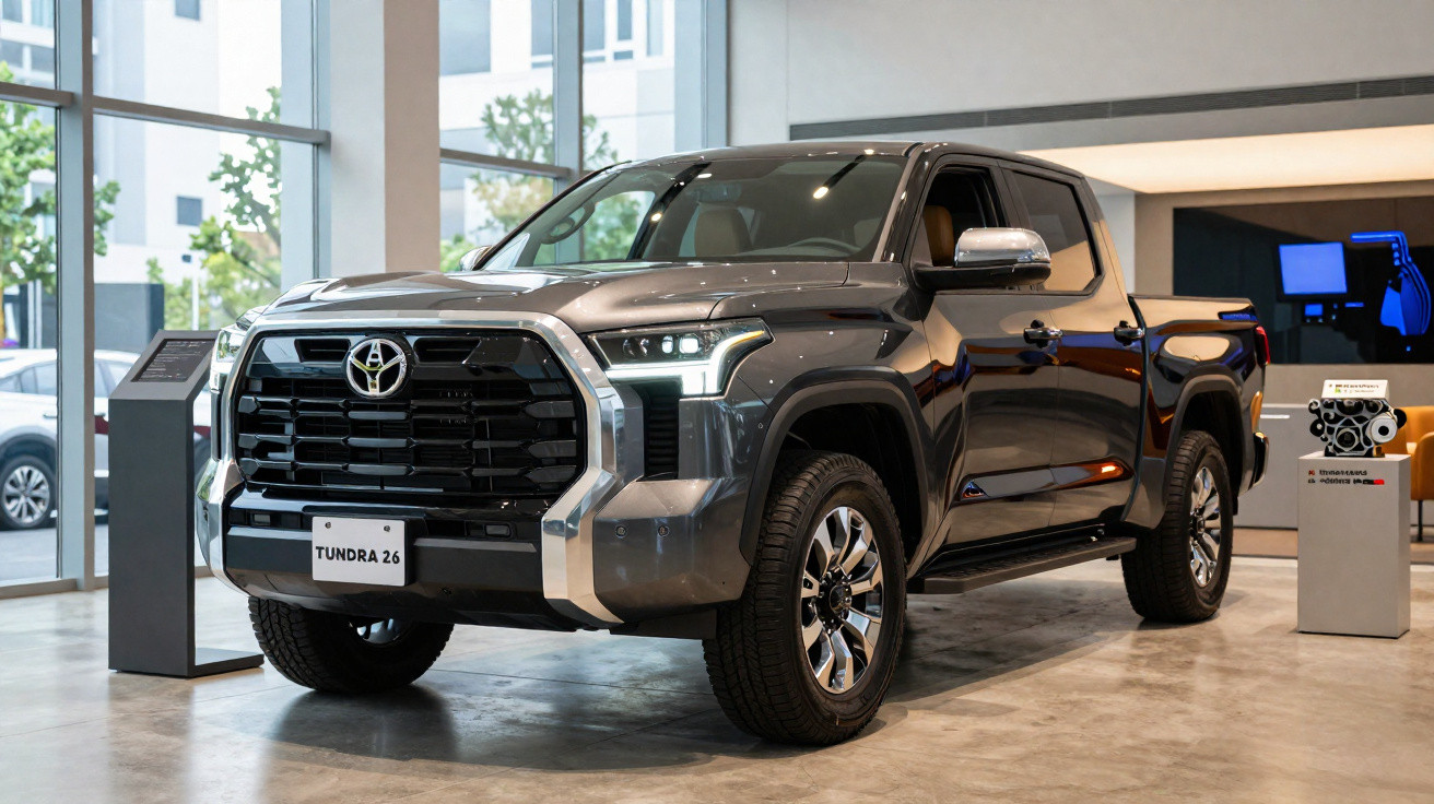 Picape Toyota Tundra 2.6 cinza exibida em showroom moderno e iluminado.