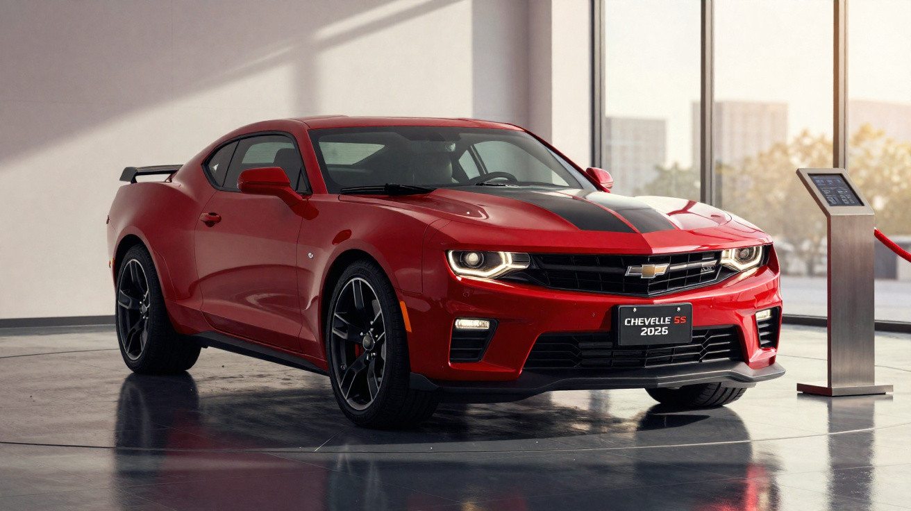 Carro esportivo vermelho Chevrolet Chevelle SS 2026 em exposição interna com detalhes pretos.