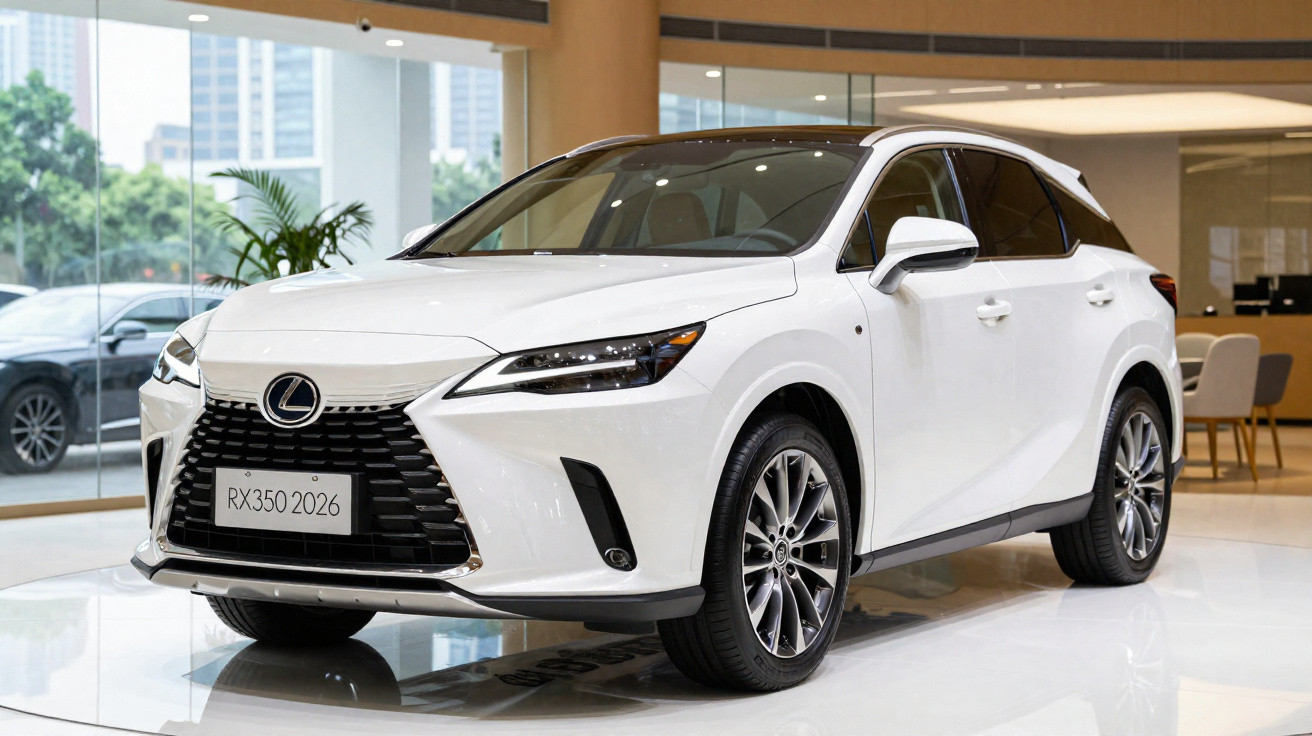 SUV branco Lexus RX350 2026 exposto em showroom com painel de vidro ao fundo