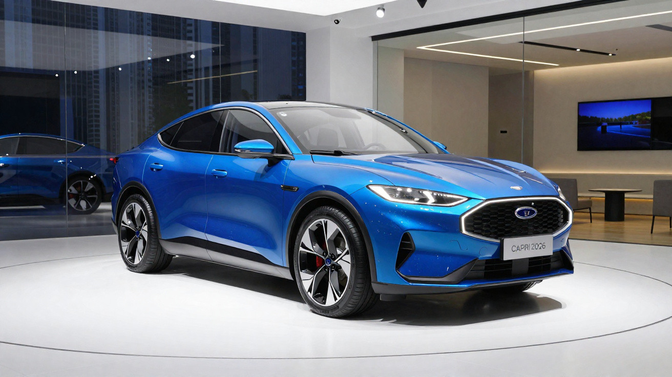 Carro elétrico azul Ford Capri 2026 exposto em ambiente interno moderno.