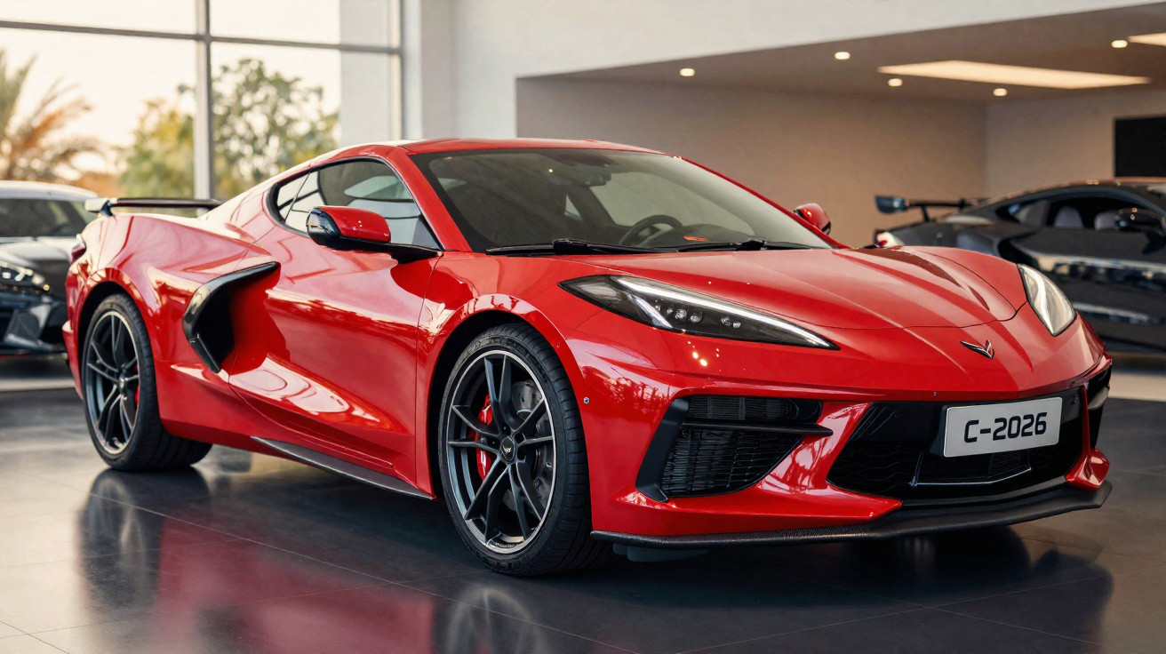 Carro esportivo vermelho com design aerodinâmico em showroom moderno e bem iluminado.