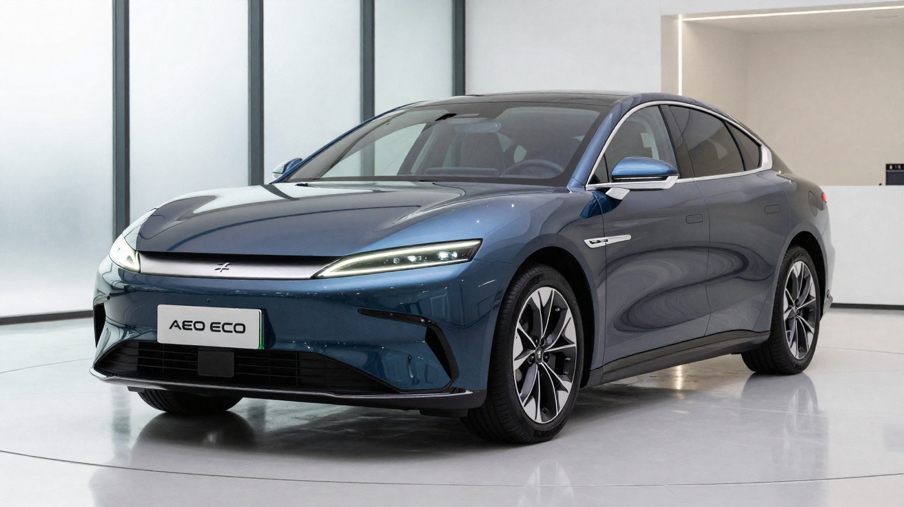 Carro elétrico azul escuro modelo AEO ECO exibido em ambiente interno moderno e iluminado.
