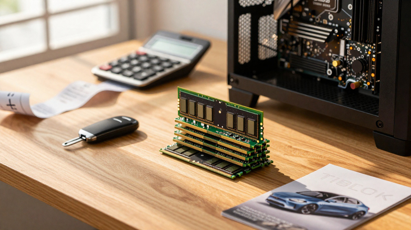 Mesa com várias memórias RAM empilhadas, chave de carro, calculadora, recibo e computador aberto.