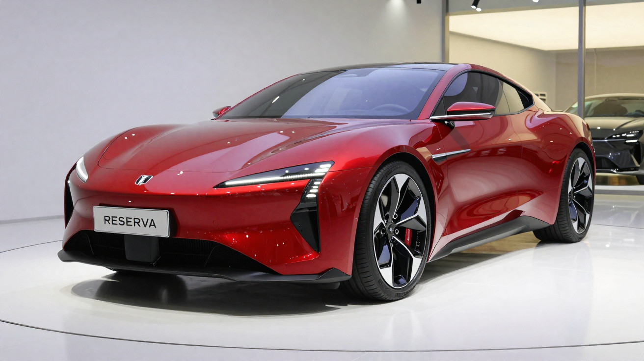 Carro esportivo elétrico vermelho brilhante em exposição interna, com design aerodinâmico e rodões modernos.