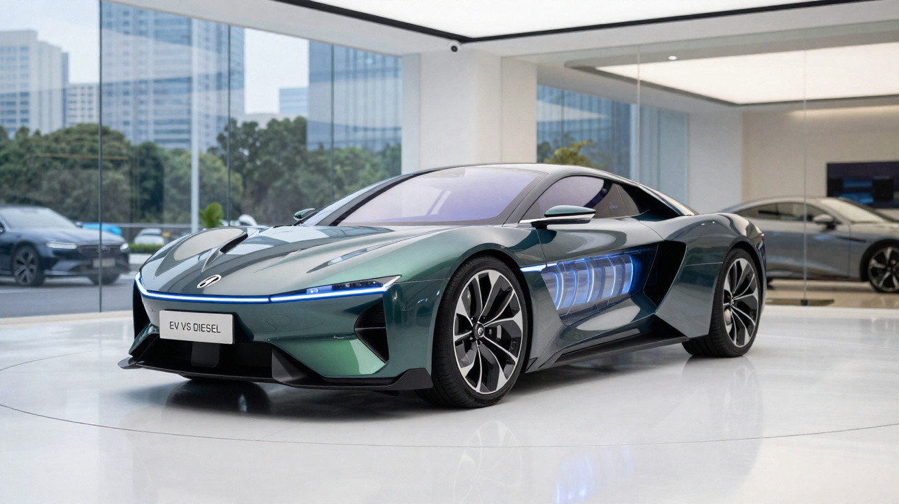 Carro esportivo elétrico verde metálico em exibição em ambiente interno moderno com paredes de vidro.