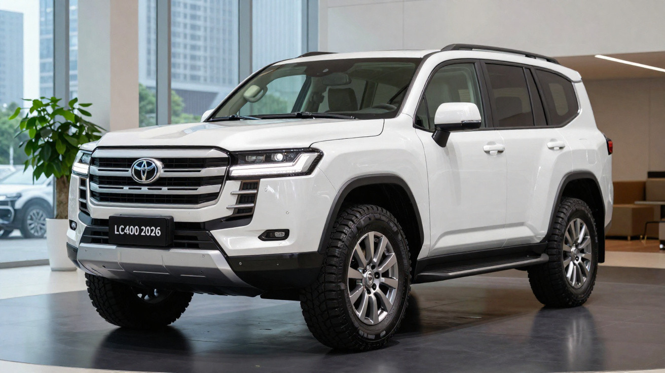 Toyota Land Cruiser LC400 2026 branco estacionado em showroom moderno e iluminado.