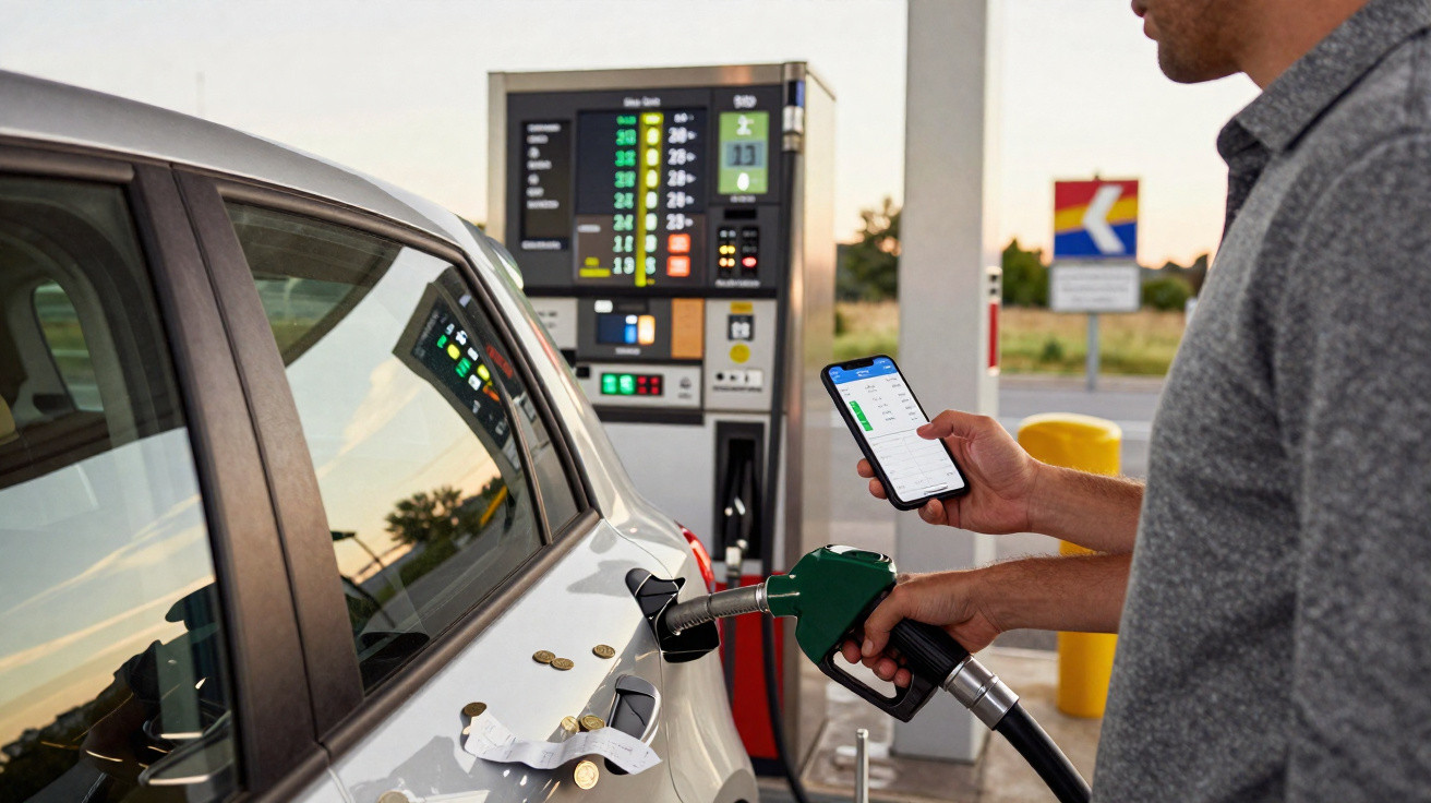 Pessoa abastecendo carro com gasolina em posto, segurando celular com aplicativo aberto.