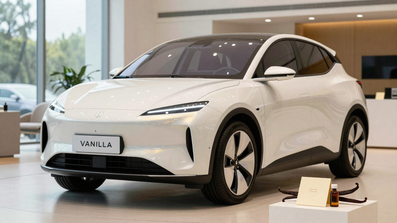 Carro elétrico branco modelo Vanilla em showroom moderno com iluminação natural e objetos decorativos próximos.
