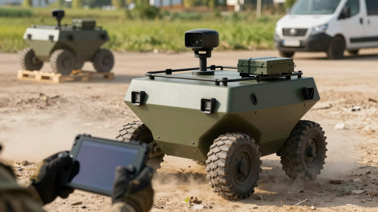 Robô terrestre militar autônomo verde com câmera em terreno aberto controlado por tablet.