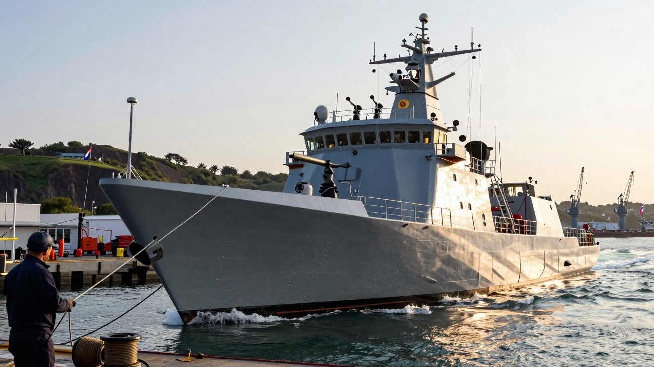 Navio militar cinza atracado em porto com homem na lateral segurando corda no entardecer.