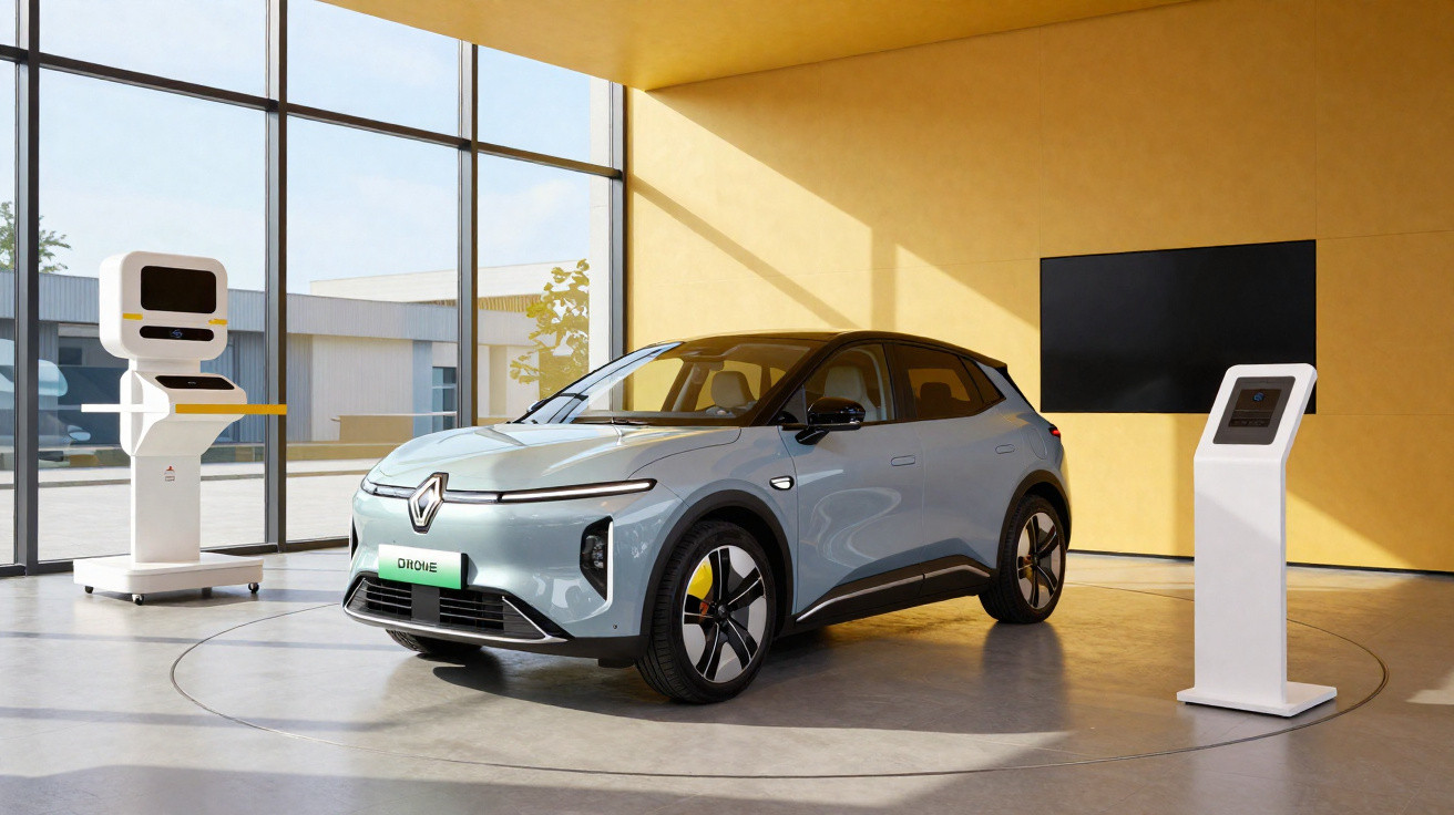 Carro elétrico cinza estacionado em sala moderna com monitores e luz natural entrando pelas janelas.