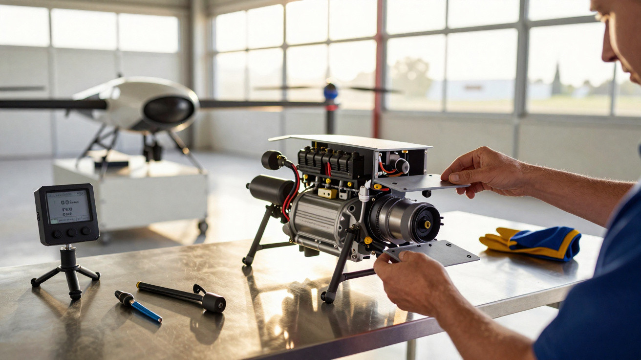 Pessoa montando motor em mesa metálica com drone branco ao fundo em ambiente industrial.
